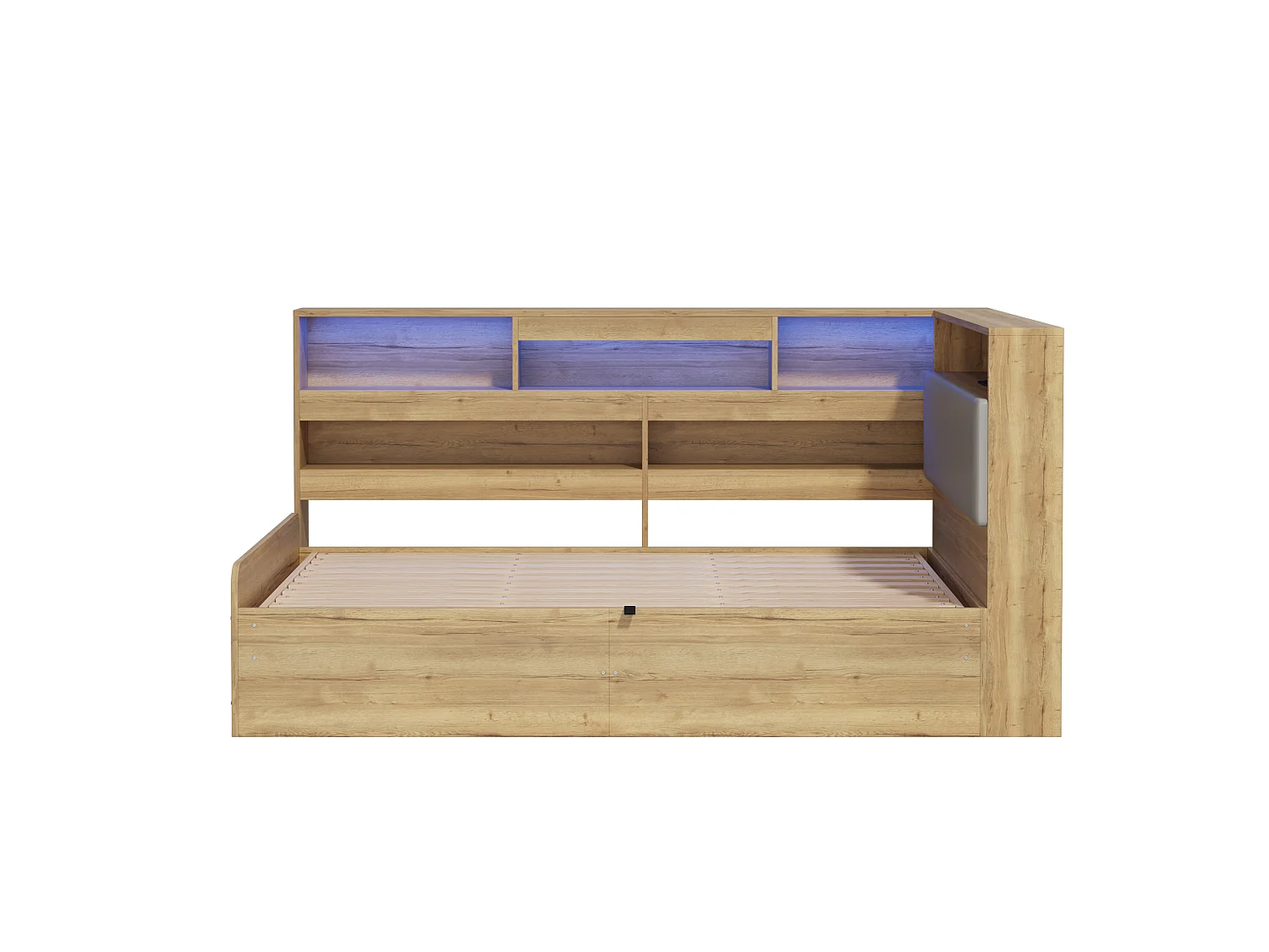 Lit coffre adulte 90x200 cm avec LED et ports USB/Type-C - Lit banquette couleur bois