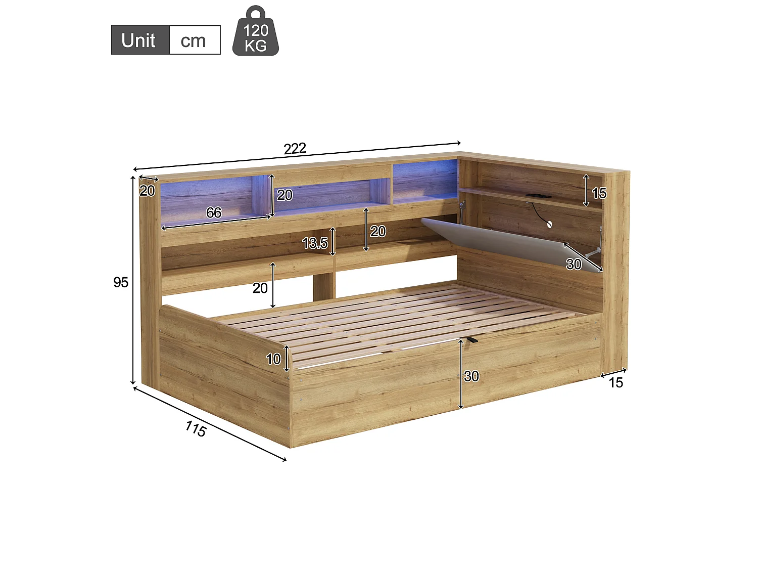 Lit coffre adulte 90x200 cm avec LED et ports USB/Type-C - Lit banquette couleur bois