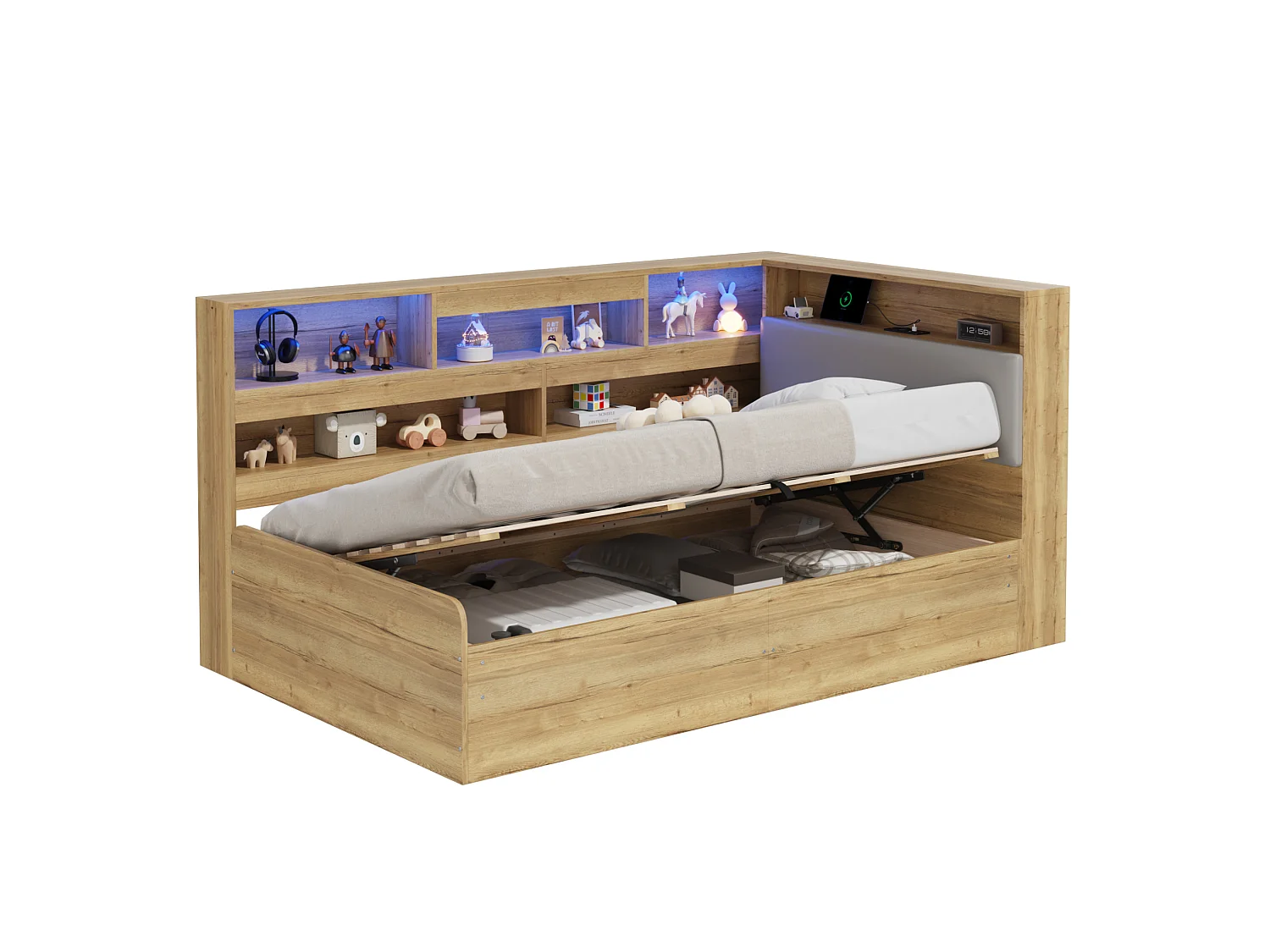 Lit coffre adulte 90x200 cm avec LED et ports USB/Type-C - Lit banquette couleur bois