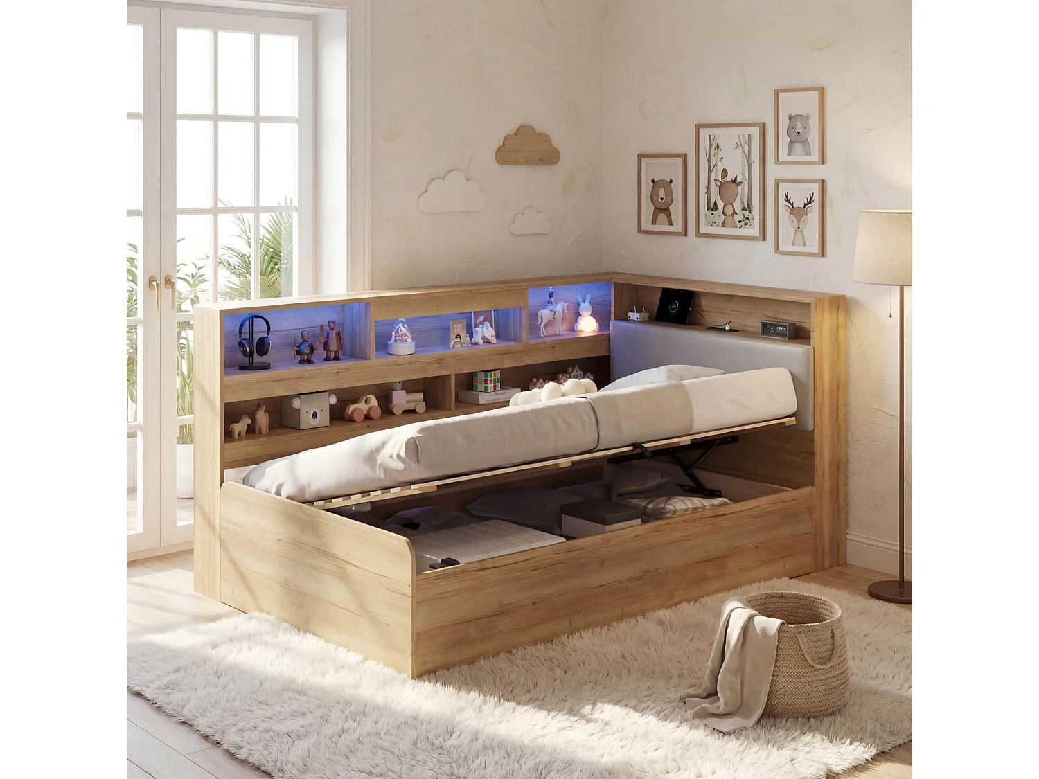 Lit coffre adulte 90x200 cm avec LED et ports USB/Type-C - Lit banquette couleur bois