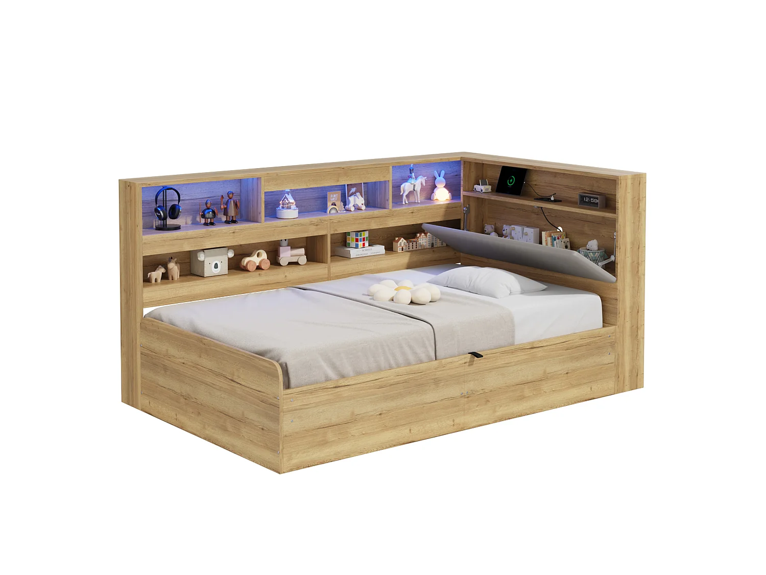 Lit coffre adulte 90x200 cm avec LED et ports USB/Type-C - Lit banquette couleur bois