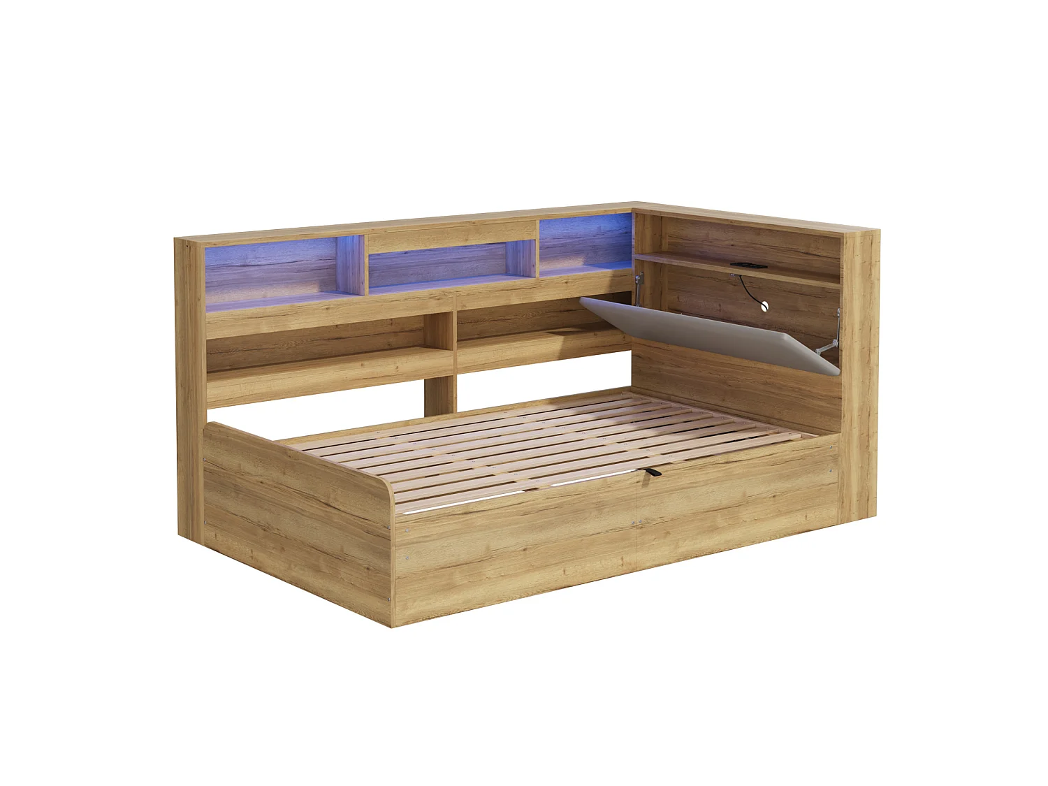 Lit coffre adulte 90x200 cm avec LED et ports USB/Type-C - Lit banquette couleur bois