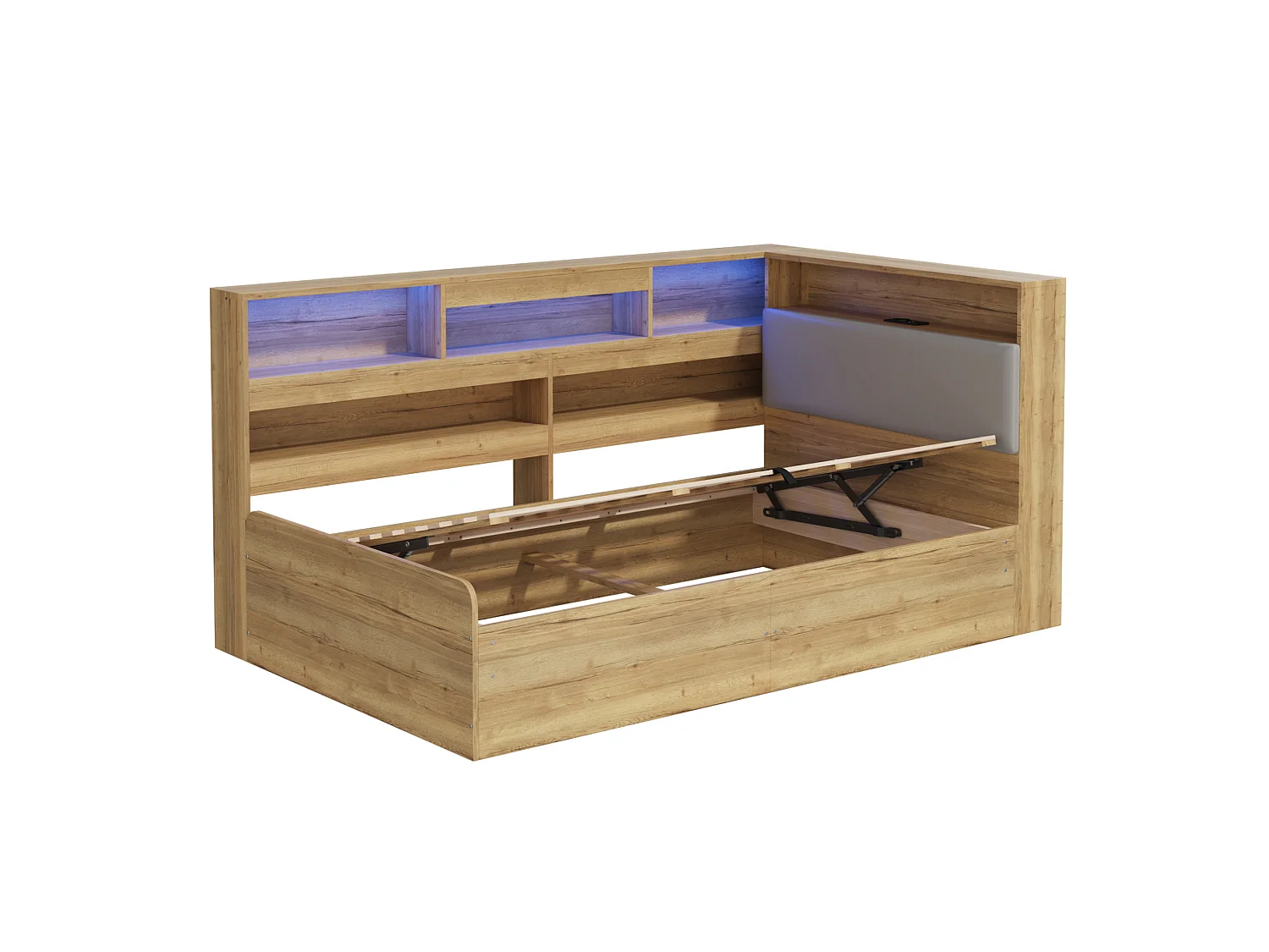 Lit coffre adulte 90x200 cm avec LED et ports USB/Type-C - Lit banquette couleur bois