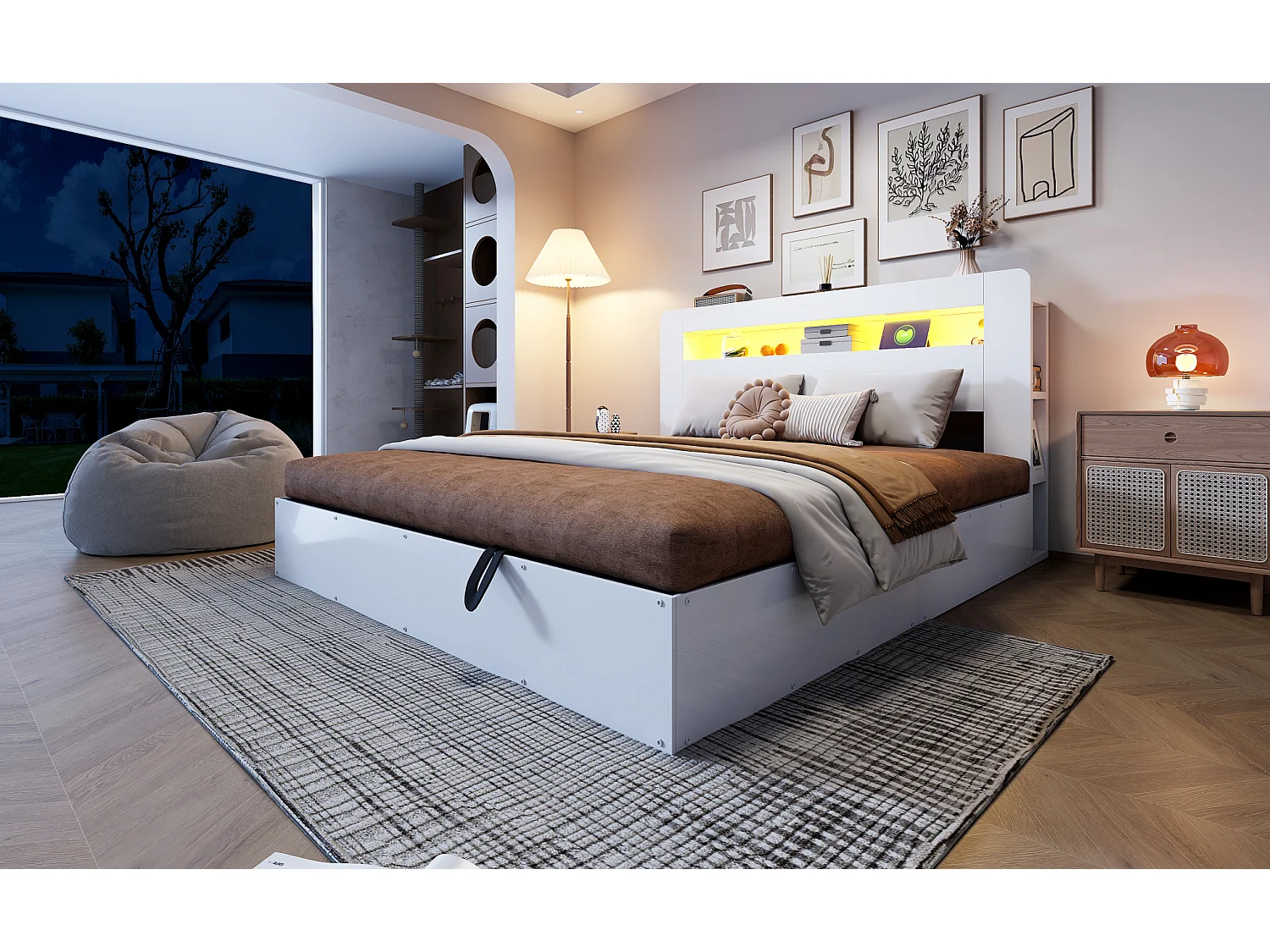 Lit coffre adulte 180x200 cm avec LED et prises - Bois blanc