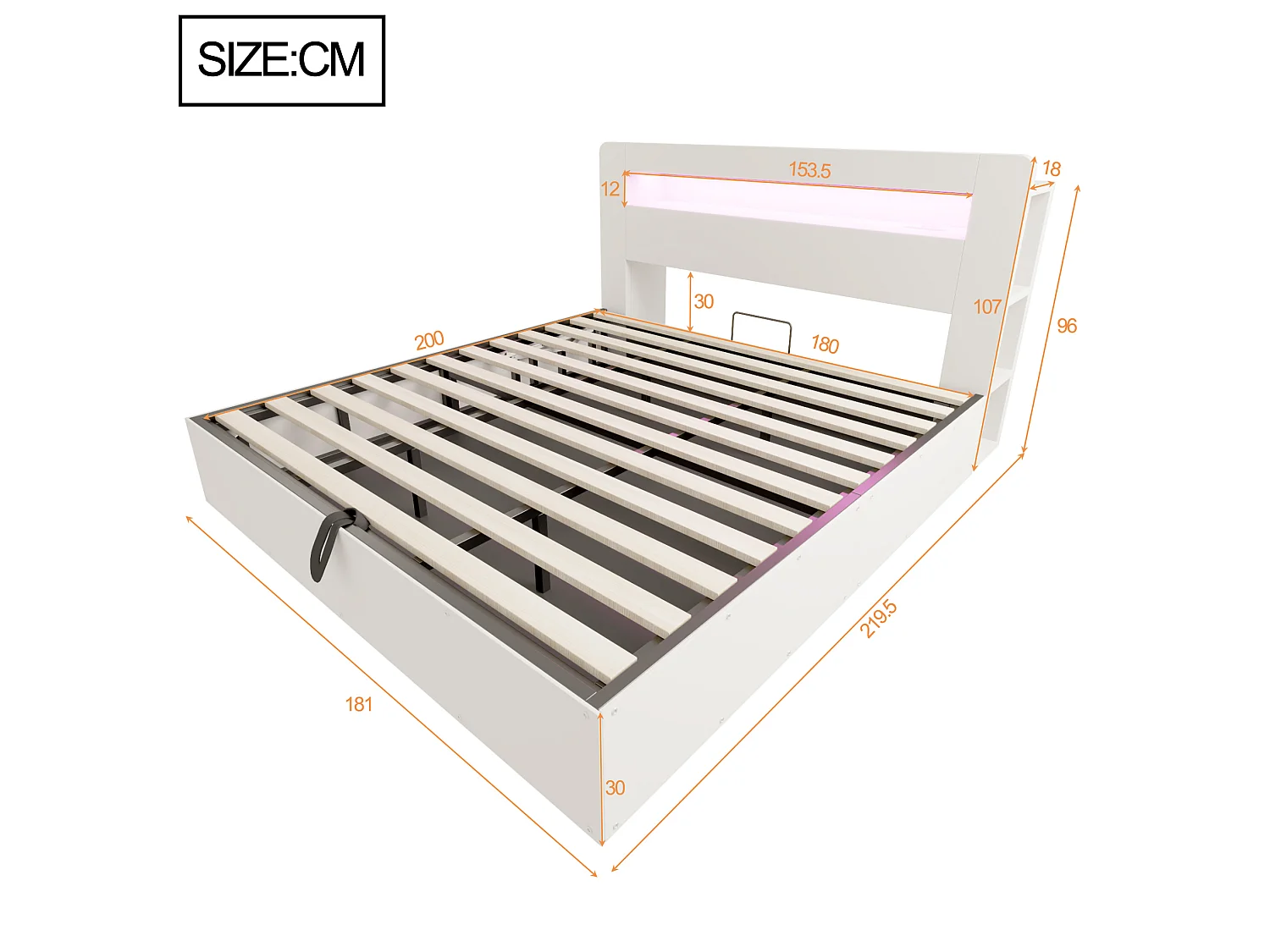 Lit coffre adulte 180x200 cm avec LED et prises - Bois blanc