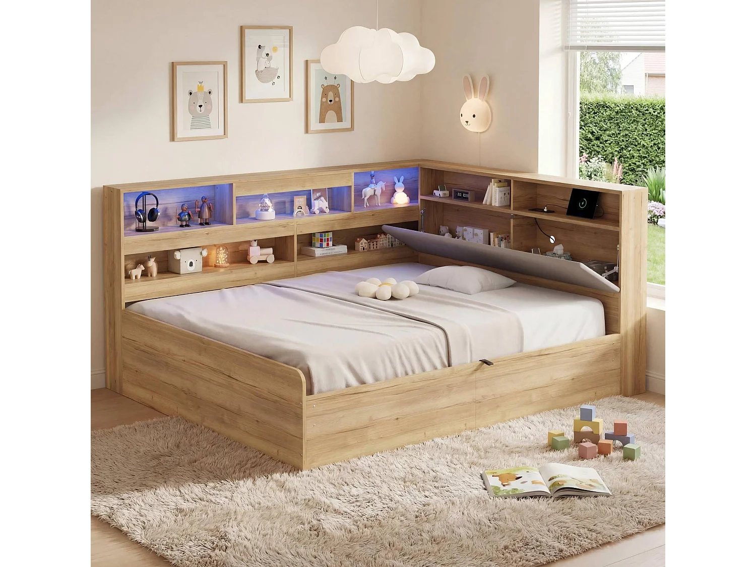 Lit coffre adulte 140x200 cm avec LED et ports USB/Type-C - Lit banquette couleur bois