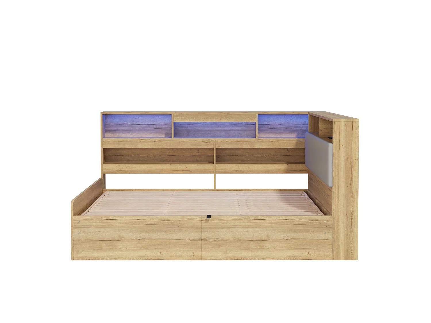 Lit coffre adulte 140x200 cm avec LED et ports USB/Type-C - Lit banquette couleur bois