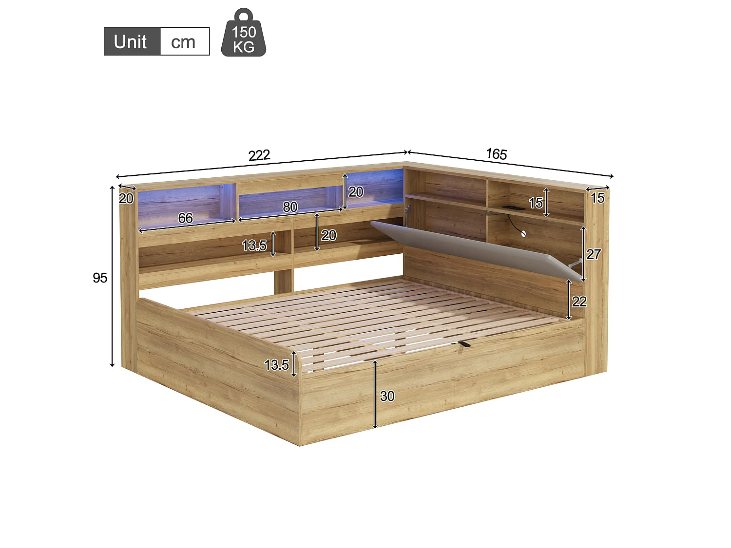 Lit coffre adulte 140x200 cm avec LED et ports USB/Type-C - Lit banquette couleur bois