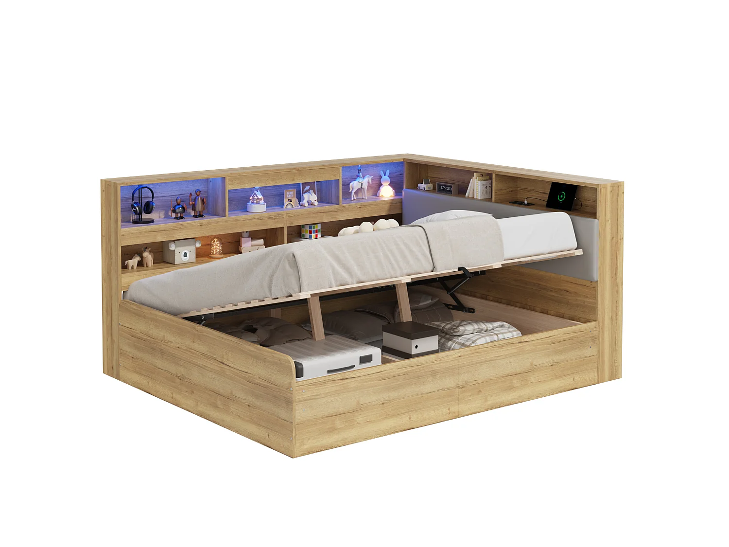 Lit coffre adulte 140x200 cm avec LED et ports USB/Type-C - Lit banquette couleur bois