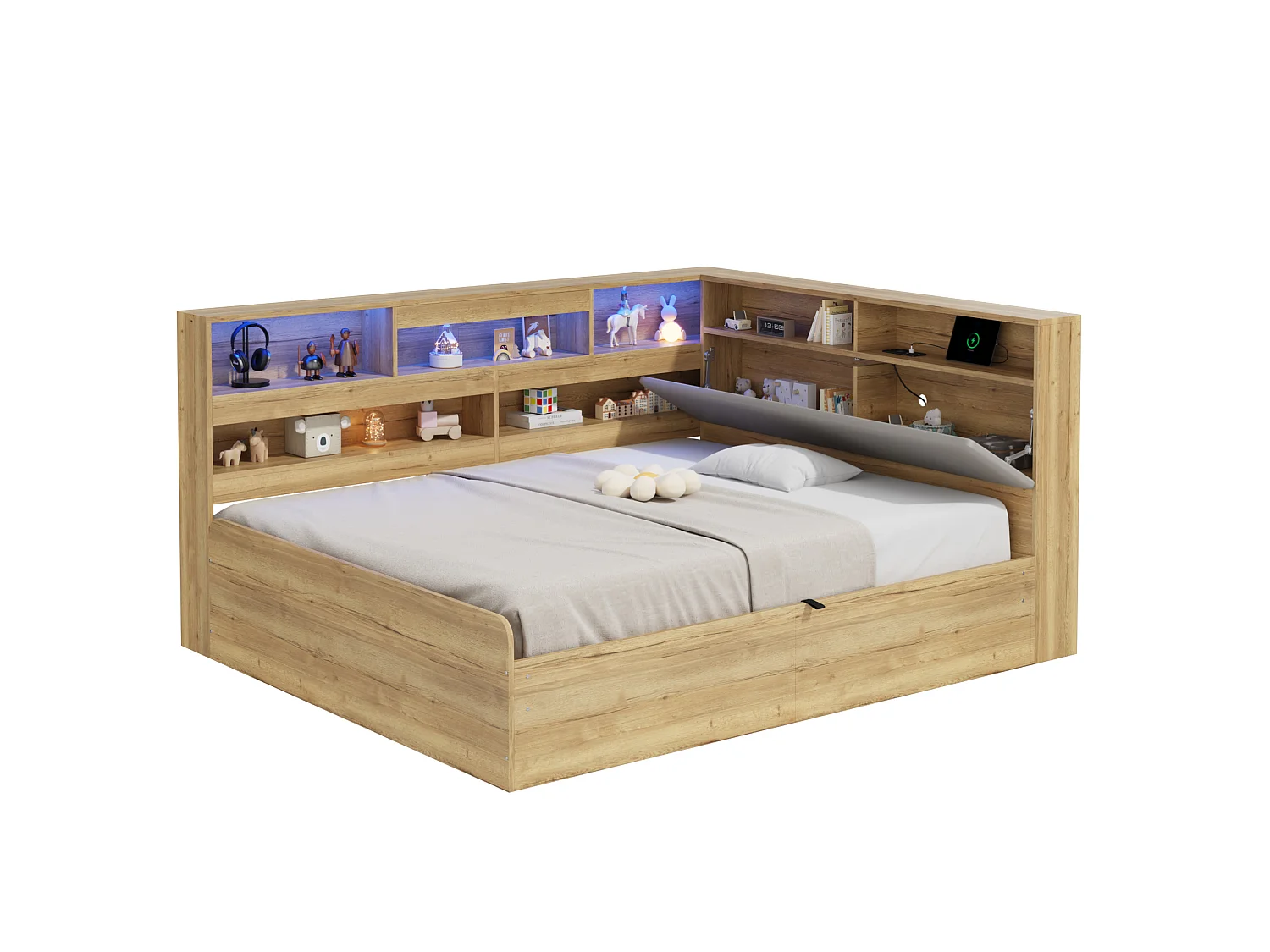 Lit coffre adulte 140x200 cm avec LED et ports USB/Type-C - Lit banquette couleur bois