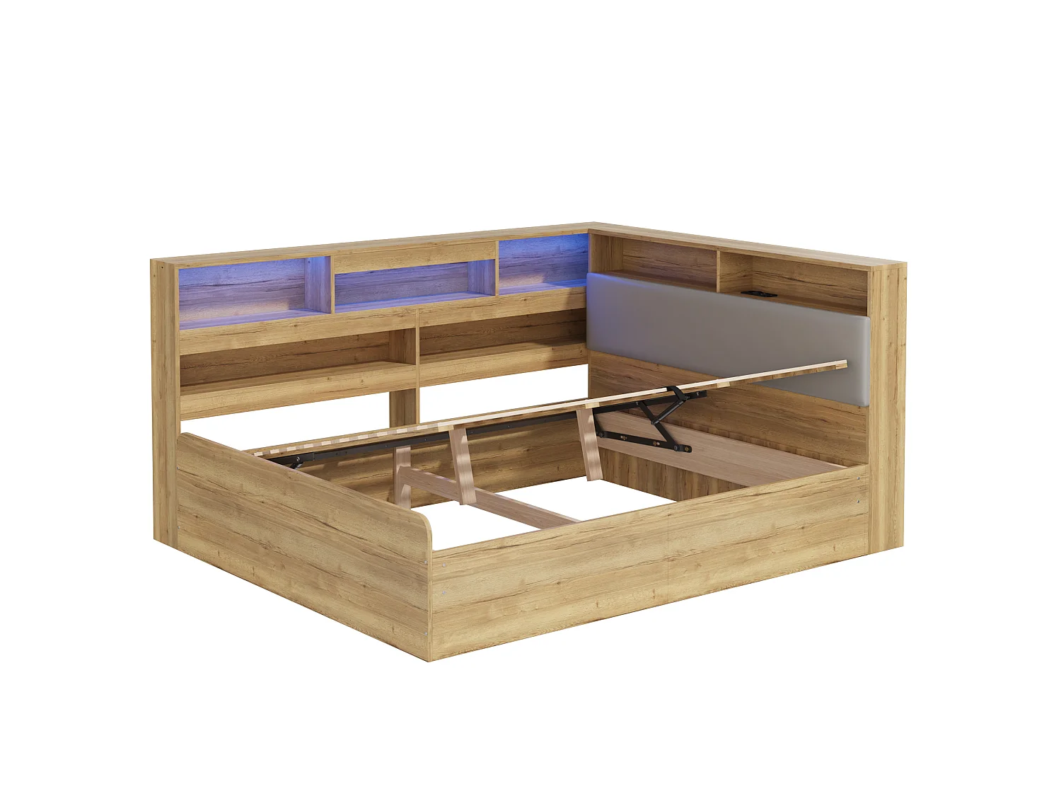 Lit coffre adulte 140x200 cm avec LED et ports USB/Type-C - Lit banquette couleur bois