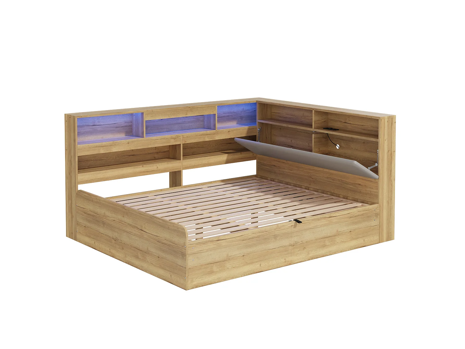 Lit coffre adulte 140x200 cm avec LED et ports USB/Type-C - Lit banquette couleur bois