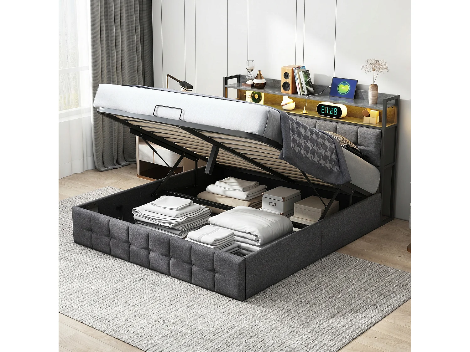 Lit 160x200 avec Sommier Coffre - Lit double 160x200 avec rangement - Lit coffre avec LED et USB - Lit Deux Places Rembourré avec Sommier à Lattes - Lin Gris