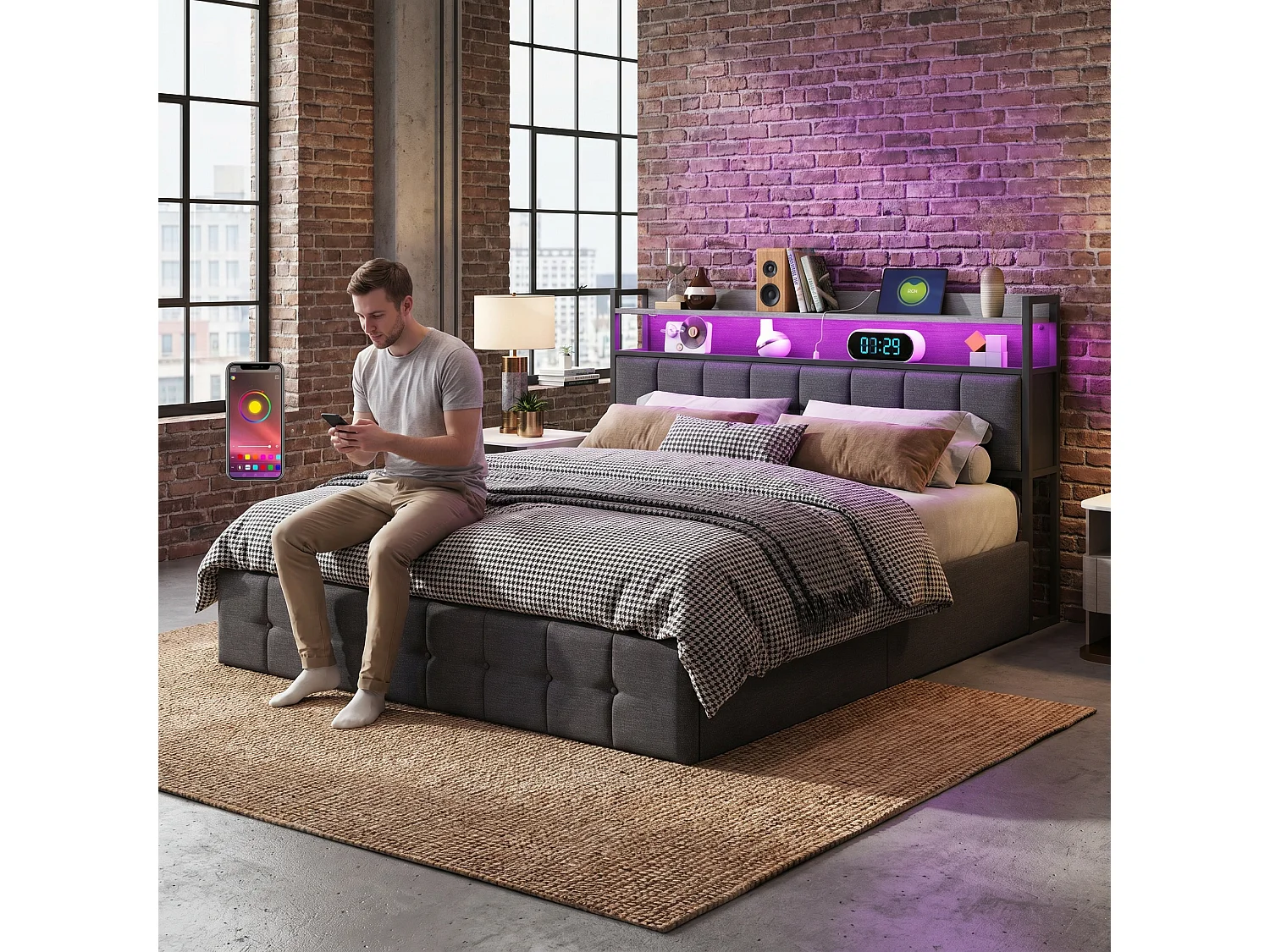 Lit Coffre 140x190, Lit double coffre avec LED et USB, Lit 2 personnes avec rangement et tete de lit, Cadre de Lit 140 x 190, Lit double rembourré, Gris Lin
