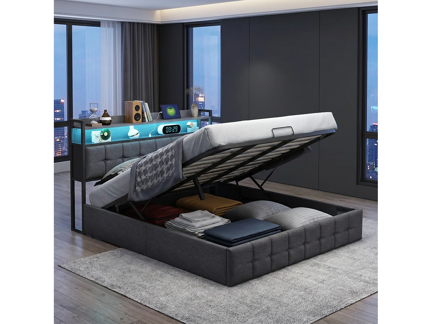 Lit Coffre 140x190, Lit double coffre avec LED et USB, Lit 2 personnes avec rangement et tete de lit, Cadre de Lit 140 x 190, Lit double rembourré, Gris Lin
