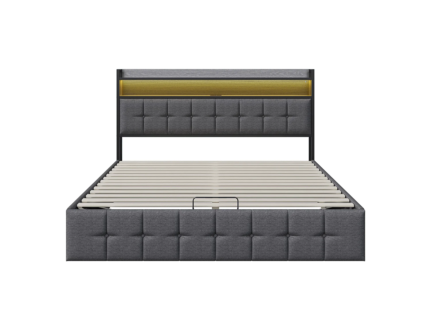 Lit Coffre 140x190, Lit double coffre avec LED et USB, Lit 2 personnes avec rangement et tete de lit, Cadre de Lit 140 x 190, Lit double rembourré, Gris Lin