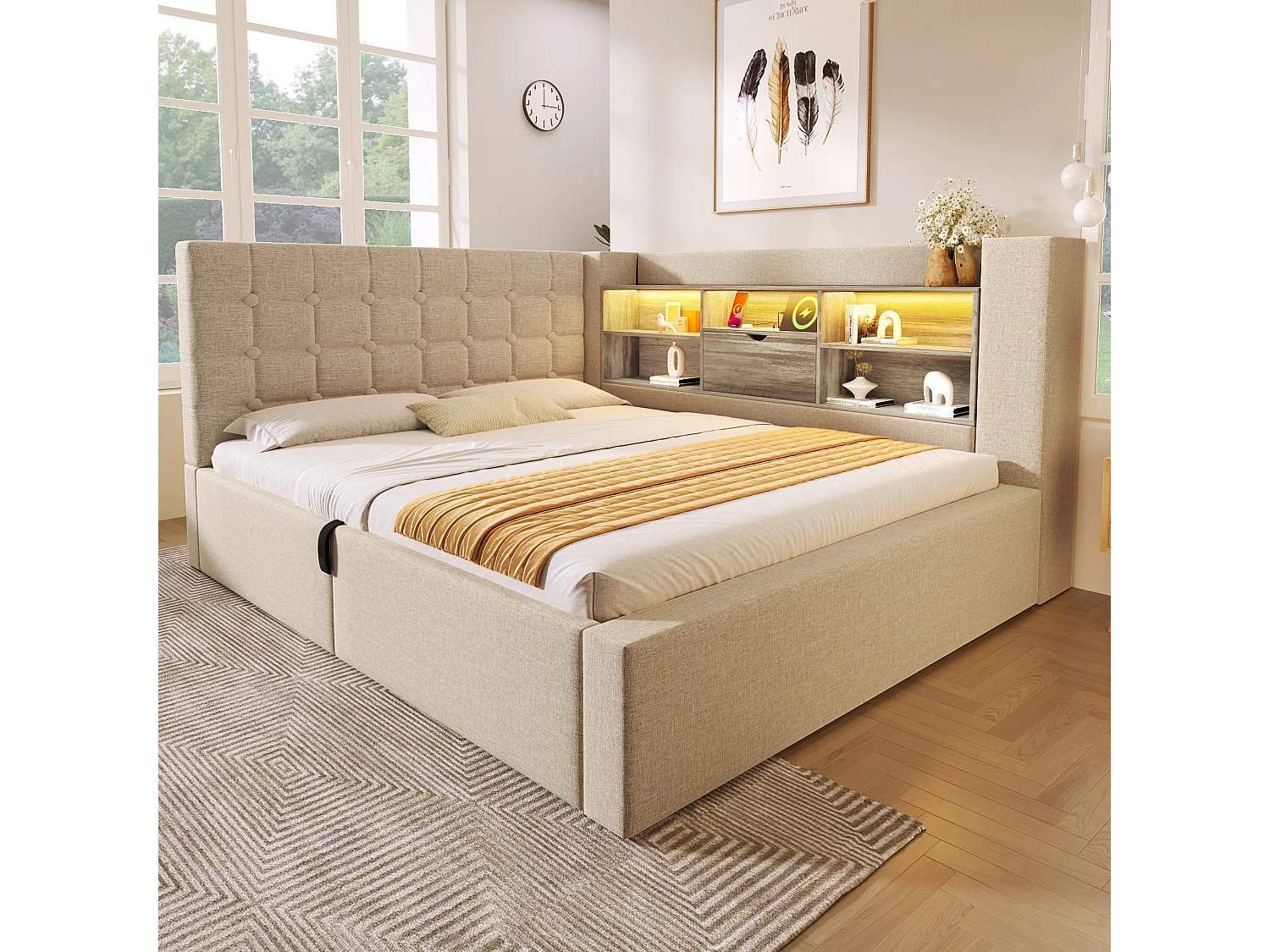 Lit coffre rembourré 140x190 cm, LED, lit simple avec tête de lit, rangement hydraulique, sommier à lattes, lin, beige