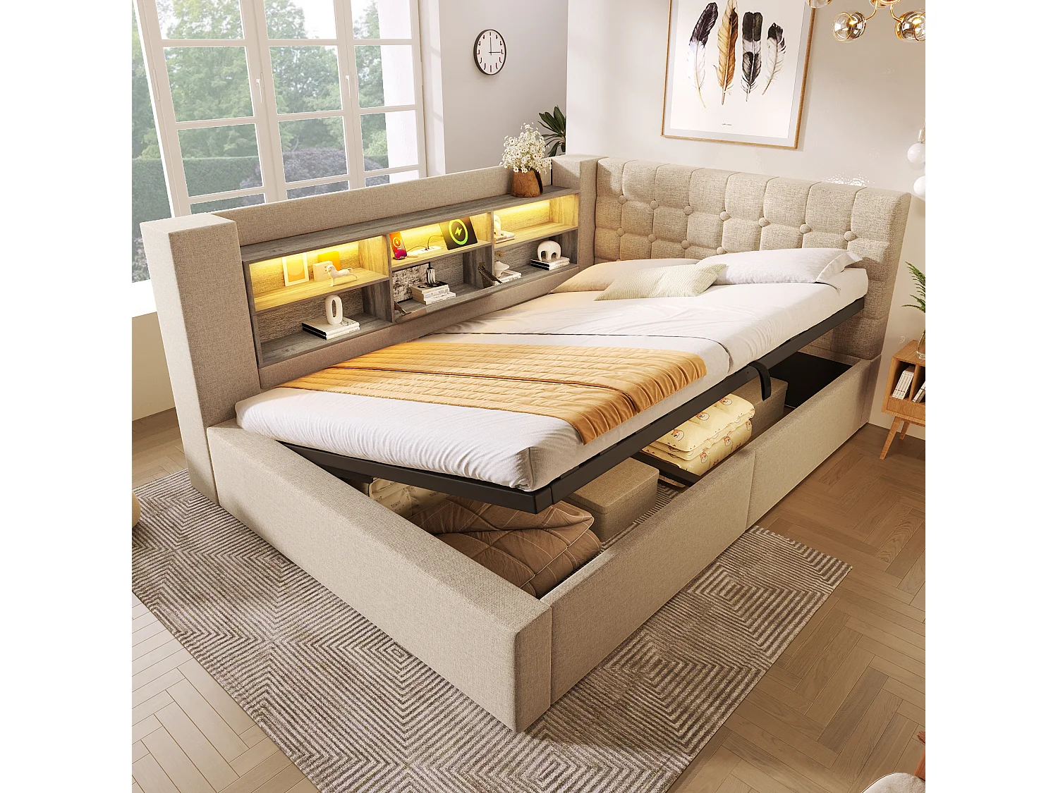 Lit coffre rembourré 140x190 cm, LED, lit simple avec tête de lit, rangement hydraulique, sommier à lattes, lin, beige