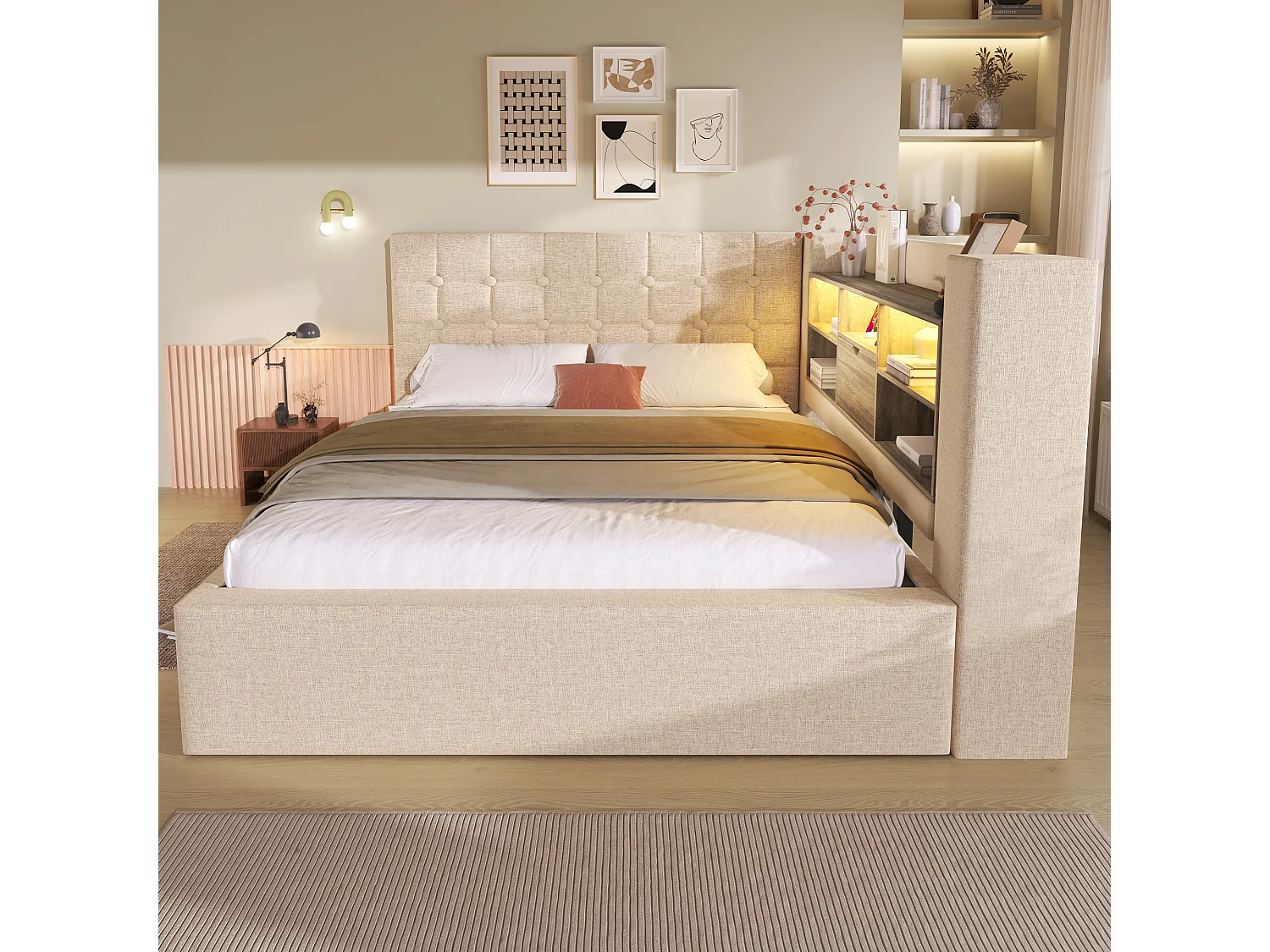 Lit coffre rembourré 140x190 cm, LED, lit simple avec tête de lit, rangement hydraulique, sommier à lattes, lin, beige