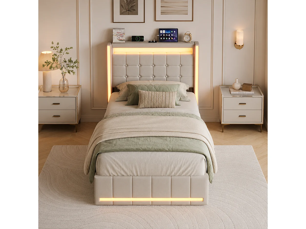 Lit Coffre 90x200cm avec LED, Lit Simple, lit Rembourré Hydraulique avec Ports de recharge USB et Type-C, Lit Capitonné avec sommier à lattes, Beige