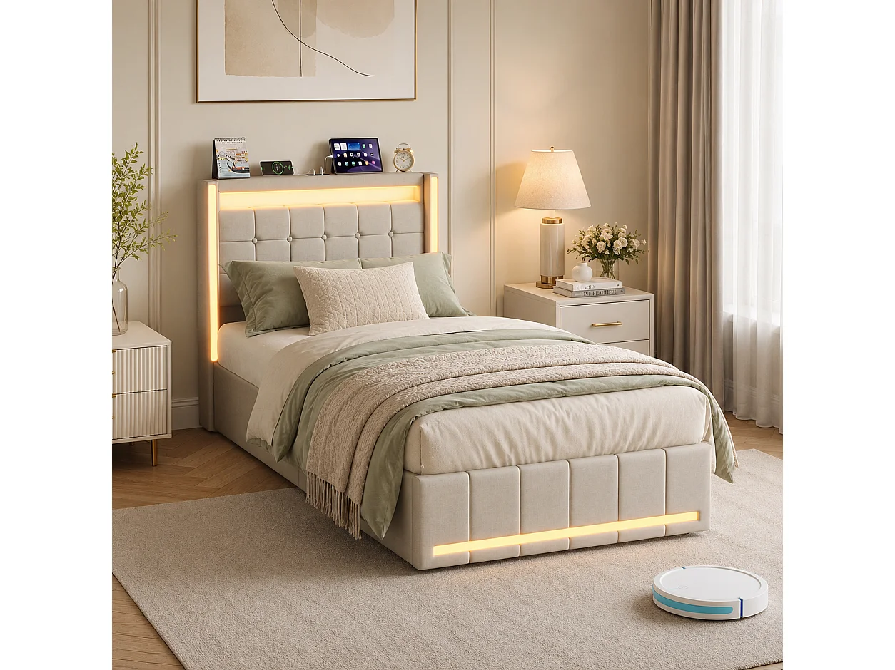 Lit Coffre 90x200cm avec LED, Lit Simple, lit Rembourré Hydraulique avec Ports de recharge USB et Type-C, Lit Capitonné avec sommier à lattes, Beige