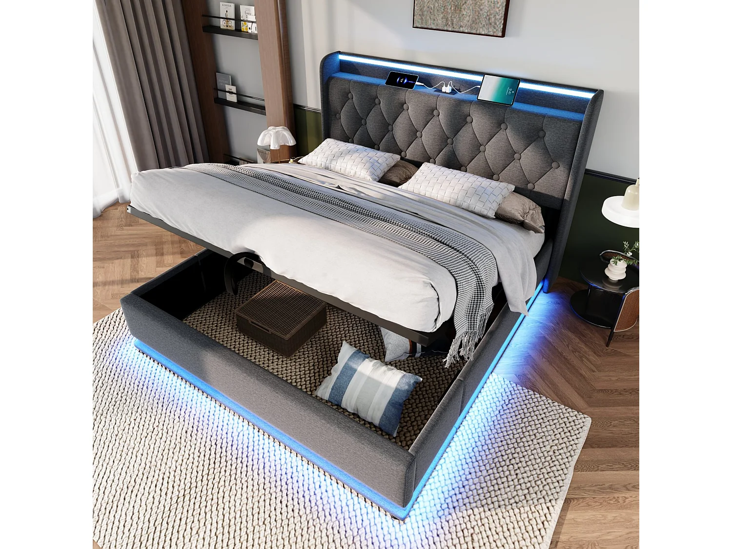 Lit coffre adulte 180x200 cm avec LED et USB/Type-C , lin gris