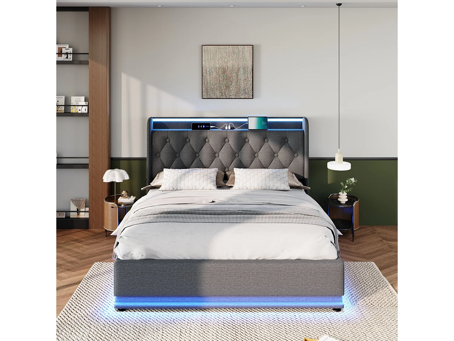 Lit coffre adulte 180x200 cm avec LED et USB/Type-C , lin gris