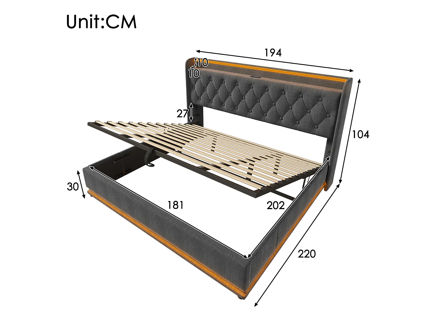 Lit coffre adulte 180x200 cm avec LED et USB/Type-C , lin gris
