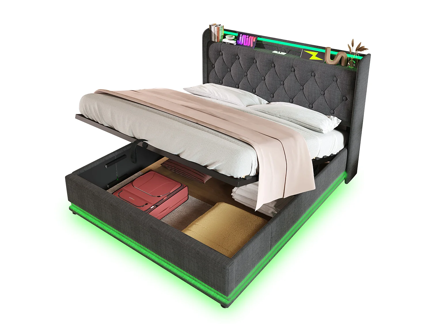 Lit coffre adulte 180x200 cm avec LED et USB/Type-C , lin gris