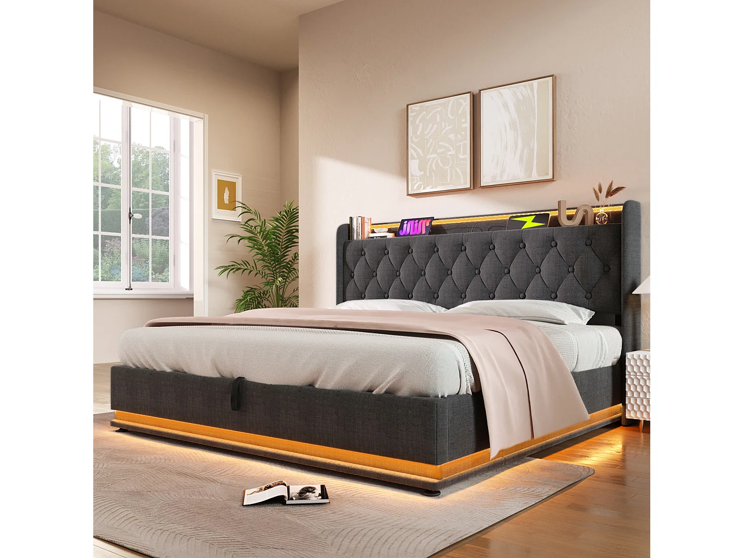 Lit coffre adulte 180x200 cm avec LED et USB/Type-C , lin gris