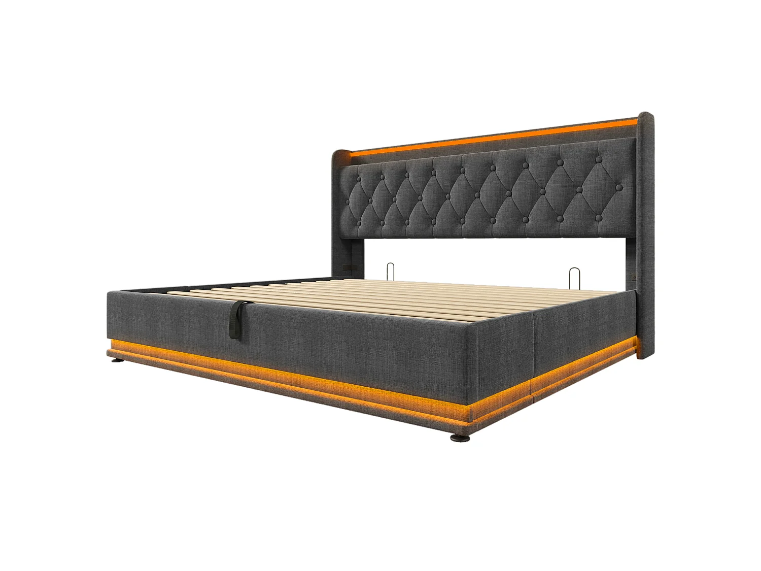 Lit coffre adulte 180x200 cm avec LED et USB/Type-C , lin gris