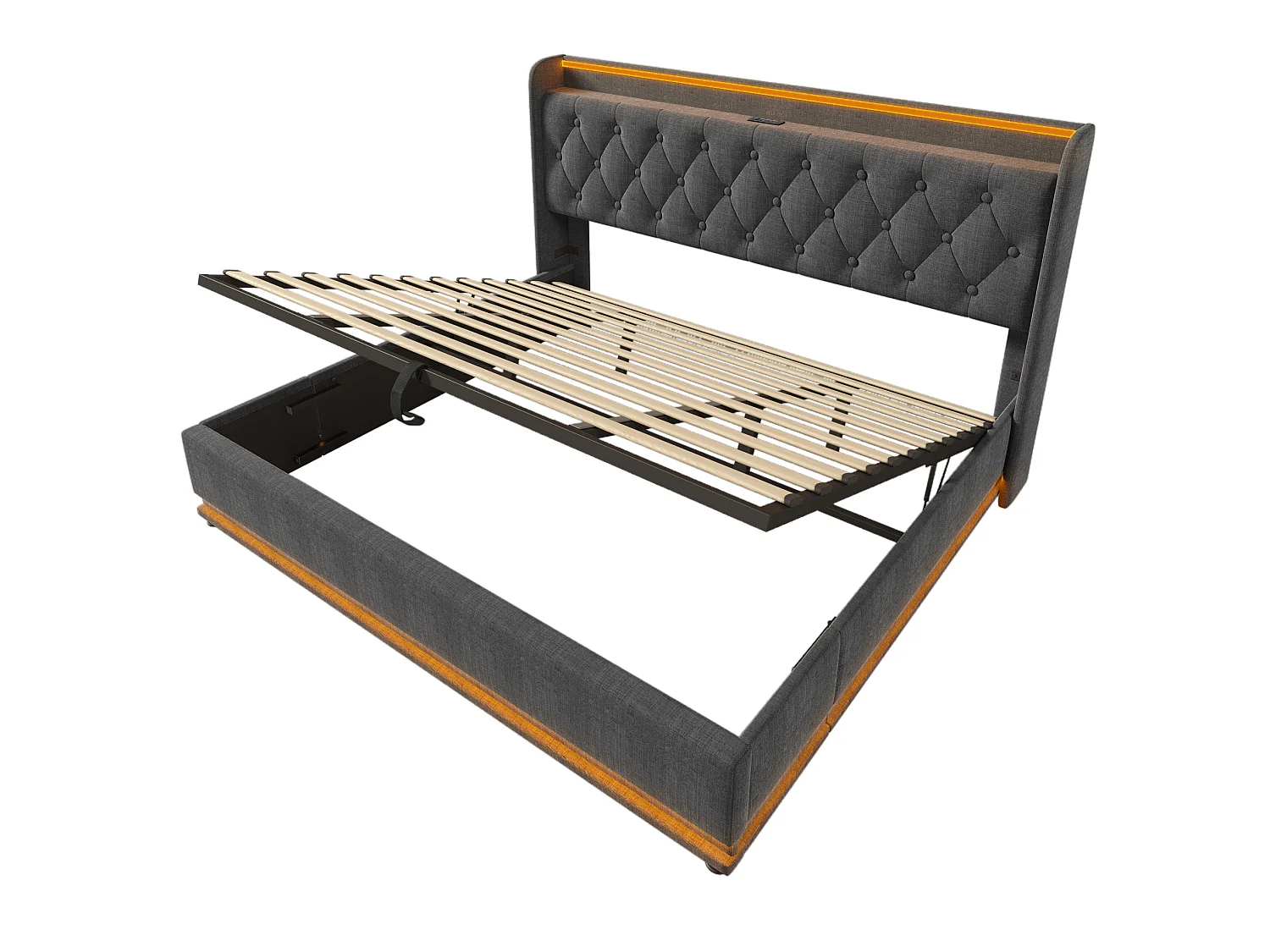 Lit coffre adulte 180x200 cm avec LED et USB/Type-C , lin gris