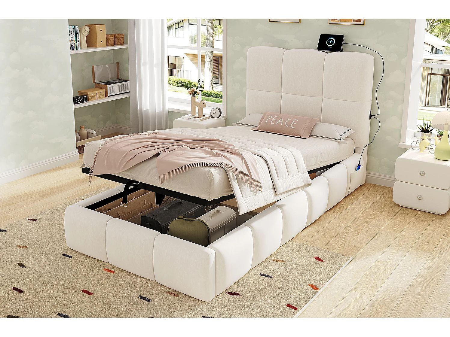 Lit coffre enfant 90x200 cm en velours avec ports USB et Type-C - Beige