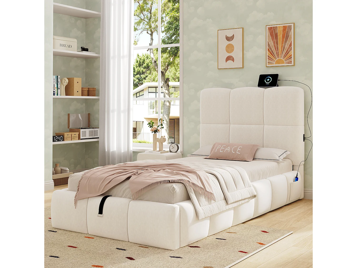 Lit coffre enfant 90x200 cm en velours avec ports USB et Type-C - Beige