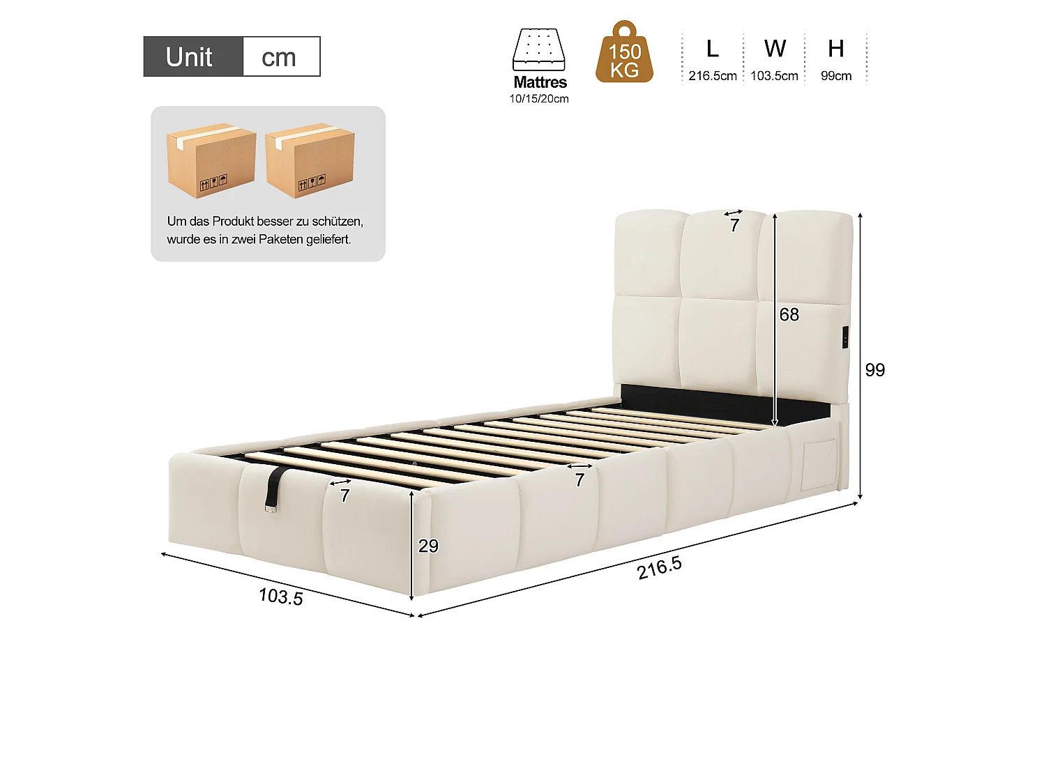 Lit coffre enfant 90x200 cm en velours avec ports USB et Type-C - Beige