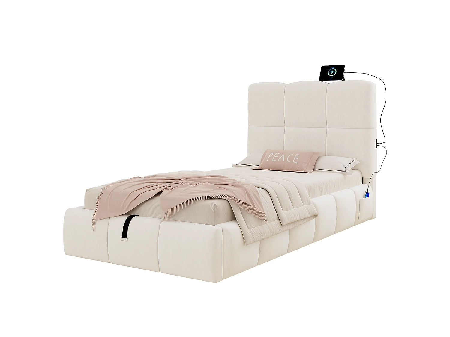 Lit coffre enfant 90x200 cm en velours avec ports USB et Type-C - Beige