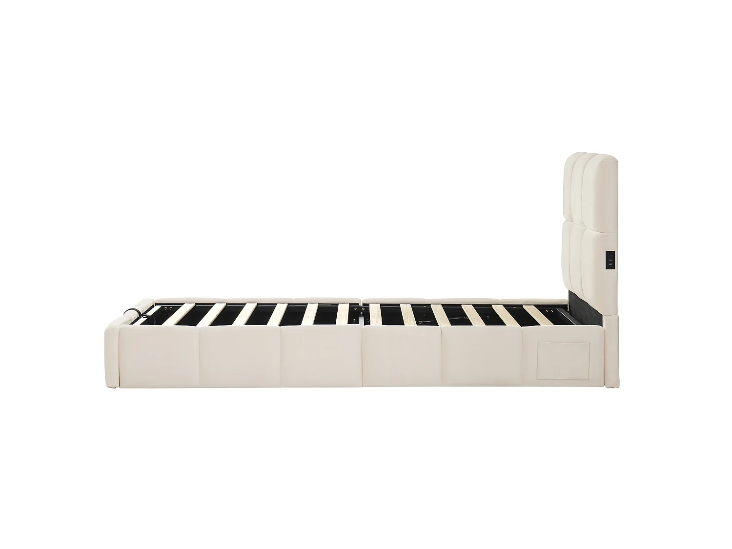 Lit coffre enfant 90x200 cm en velours avec ports USB et Type-C - Beige