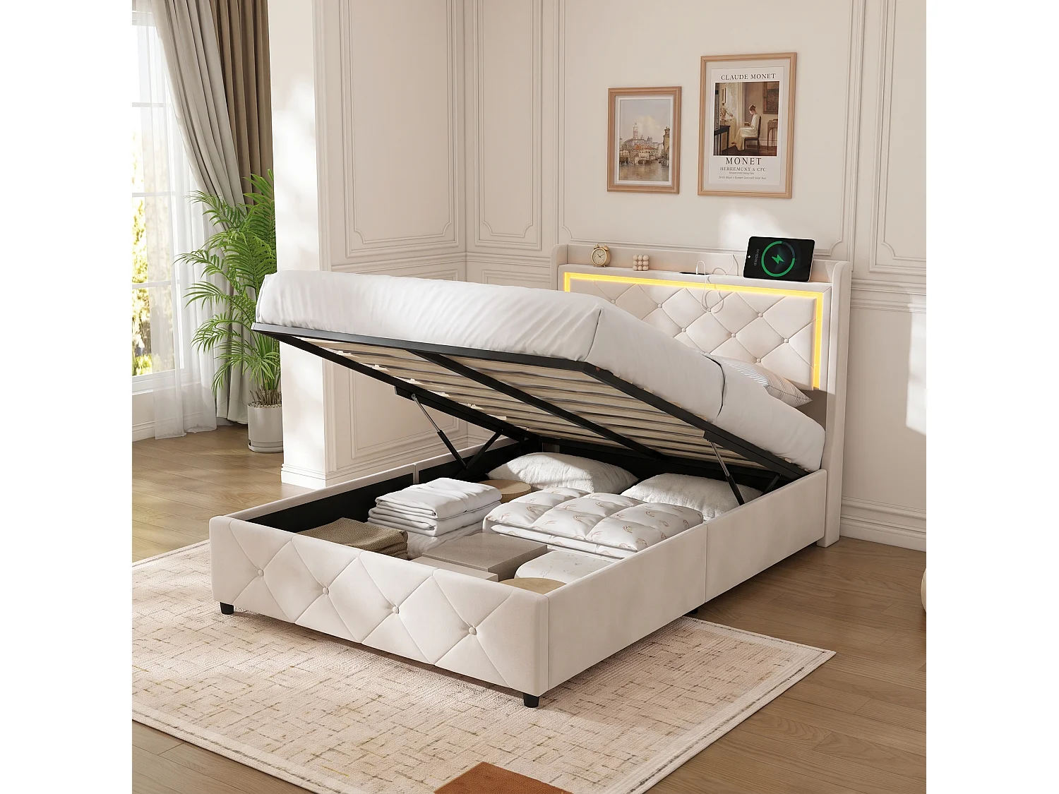 Lit Coffre 90x200 avec éclairage LED et USB - rangement hydraulique - Lit une place 1 personne - Lit Simple 90x200 avec Sommier à Lattes - Velours beige