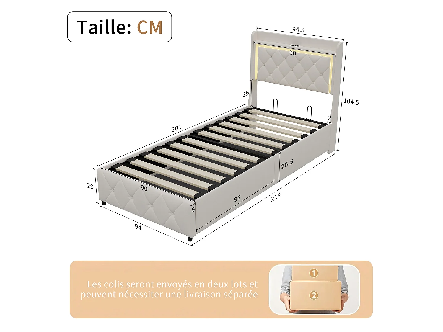 Lit Coffre 90x200 avec éclairage LED et USB - rangement hydraulique - Lit une place 1 personne - Lit Simple 90x200 avec Sommier à Lattes - Velours beige