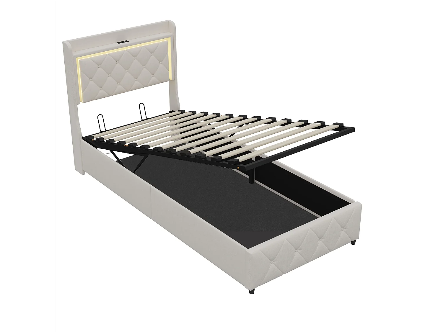 Lit Coffre 90x200 avec éclairage LED et USB - rangement hydraulique - Lit une place 1 personne - Lit Simple 90x200 avec Sommier à Lattes - Velours beige