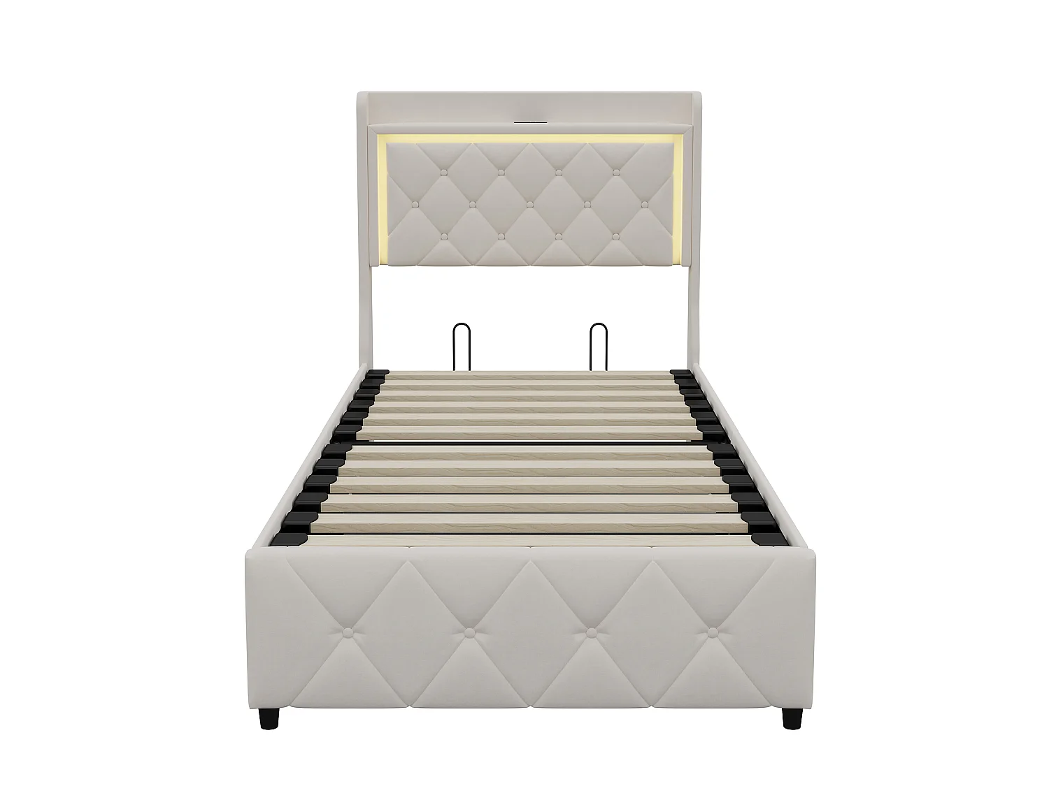 Lit Coffre 90x200 avec éclairage LED et USB - rangement hydraulique - Lit une place 1 personne - Lit Simple 90x200 avec Sommier à Lattes - Velours beige