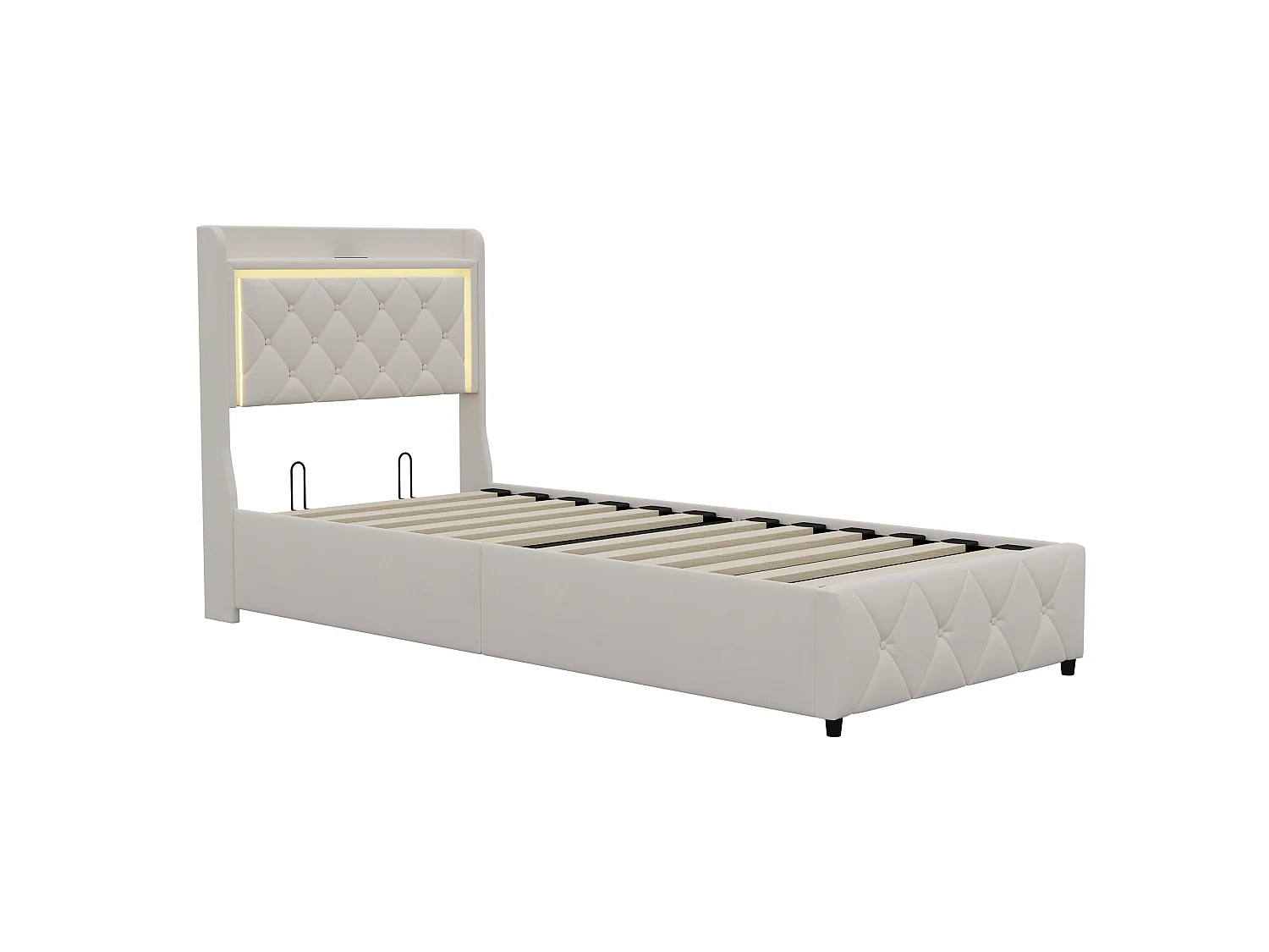 Lit Coffre 90x200 avec éclairage LED et USB - rangement hydraulique - Lit une place 1 personne - Lit Simple 90x200 avec Sommier à Lattes - Velours beige