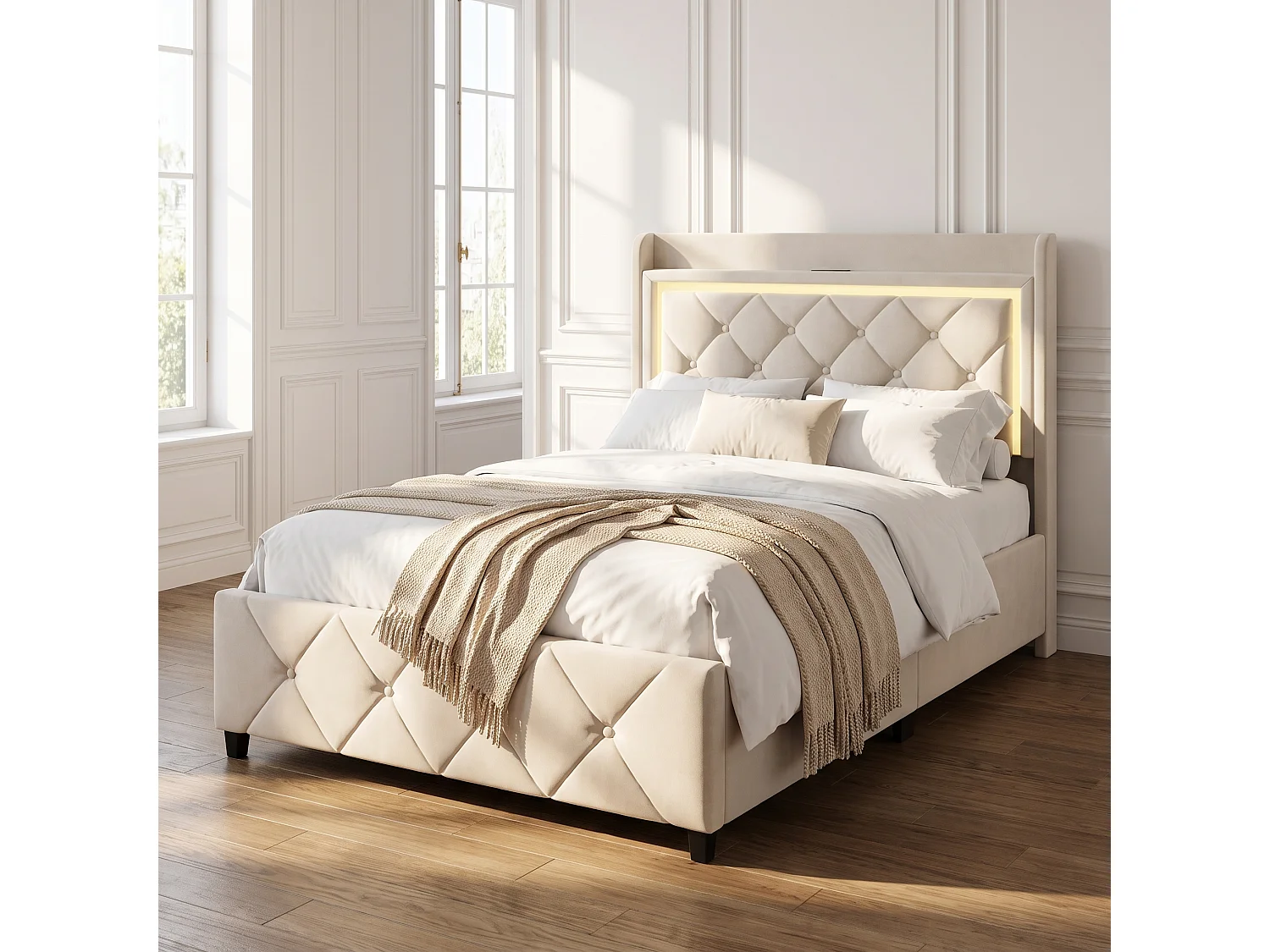 Lit Coffre 90x200 avec éclairage LED et USB - rangement hydraulique - Lit une place 1 personne - Lit Simple 90x200 avec Sommier à Lattes - Velours beige