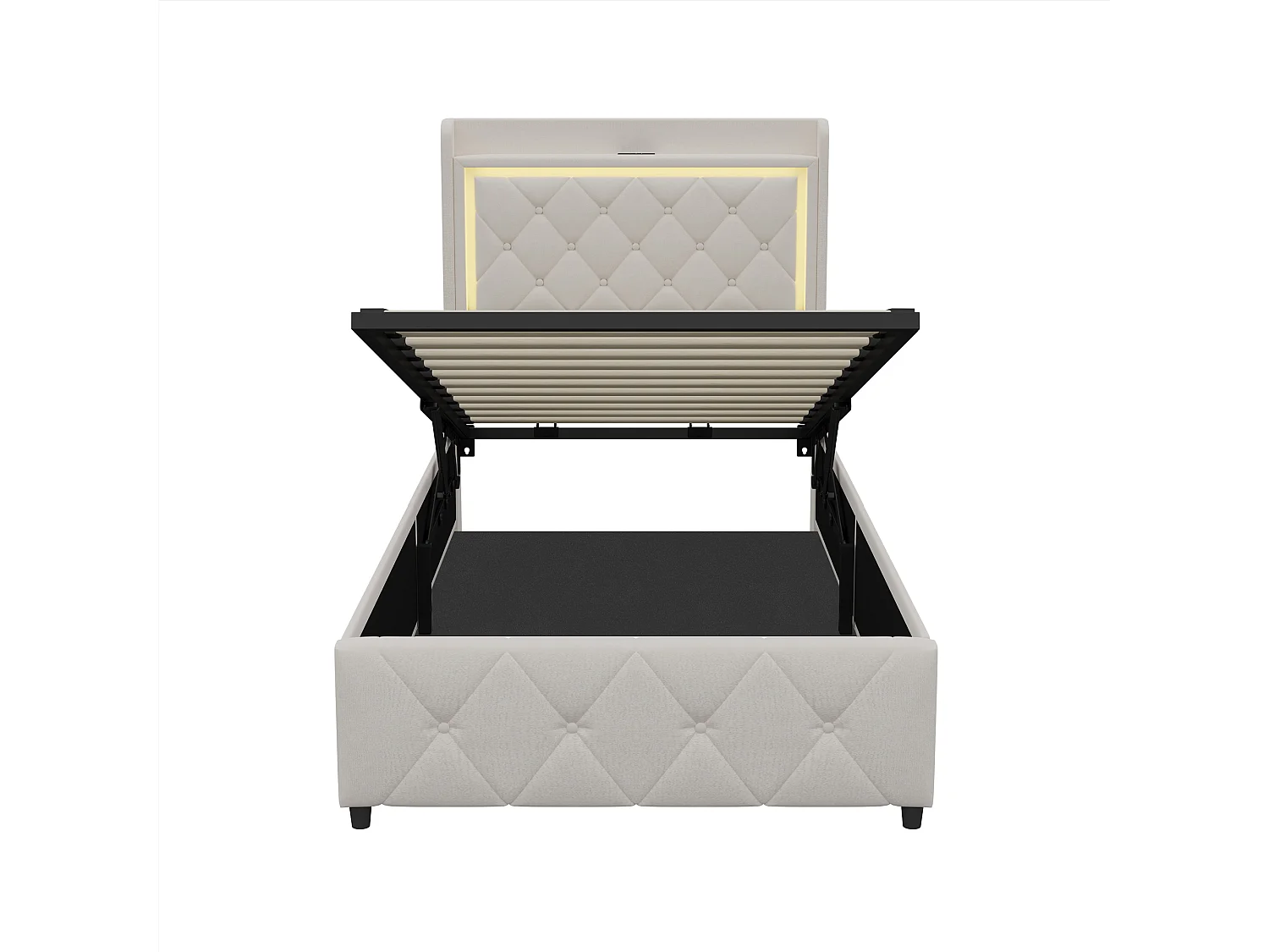 Lit Coffre 90x200 avec éclairage LED et USB - rangement hydraulique - Lit une place 1 personne - Lit Simple 90x200 avec Sommier à Lattes - Velours beige