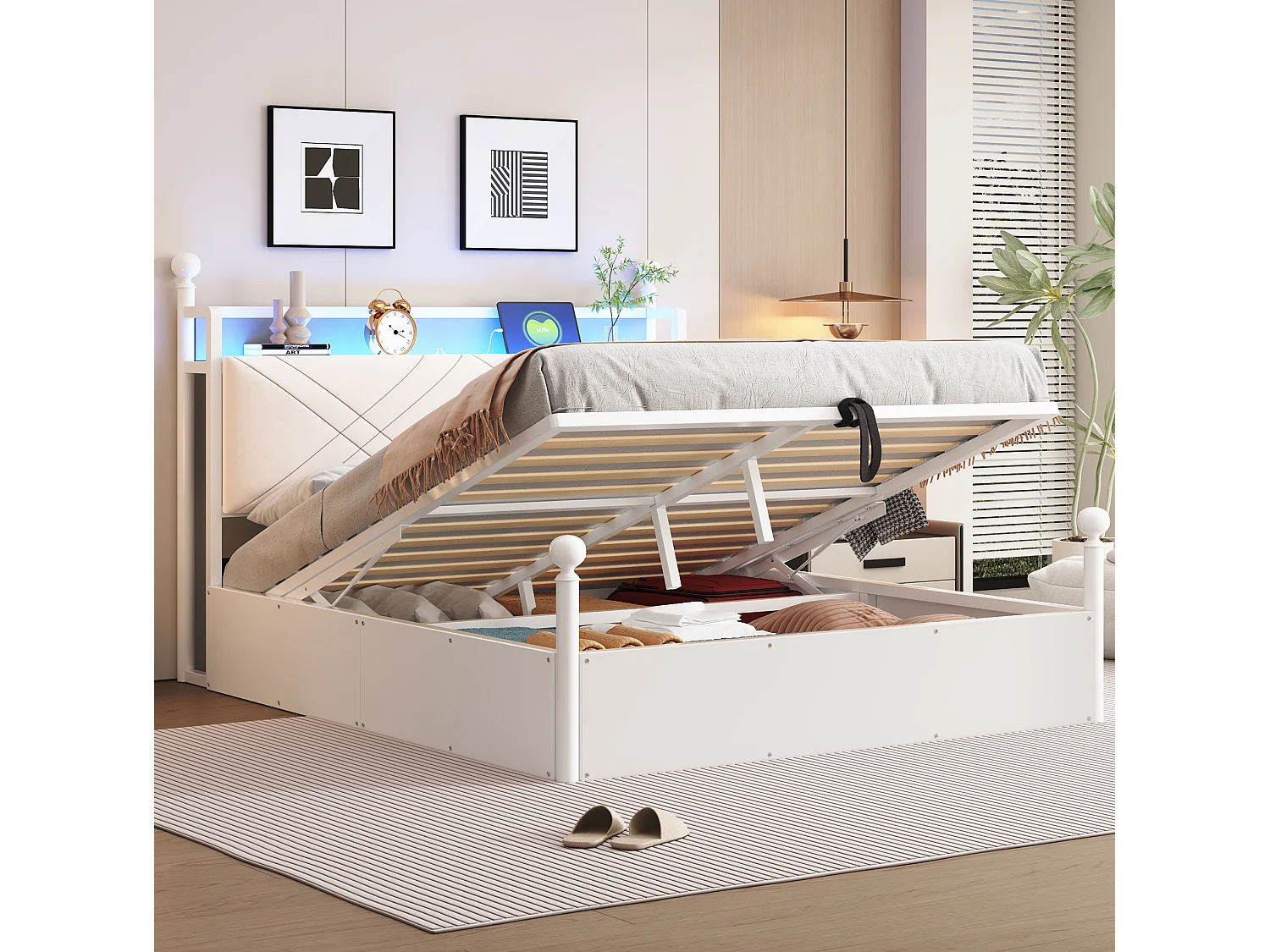 Cama de adulto com arrumação, 140x190 cm, com dossel amovível, porta USB/Tipo C e espaço de arrumação - Branco