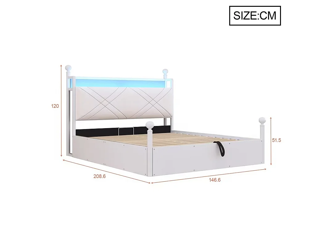 Cama de adulto com arrumação, 140x190 cm, com dossel amovível, porta USB/Tipo C e espaço de arrumação - Branco