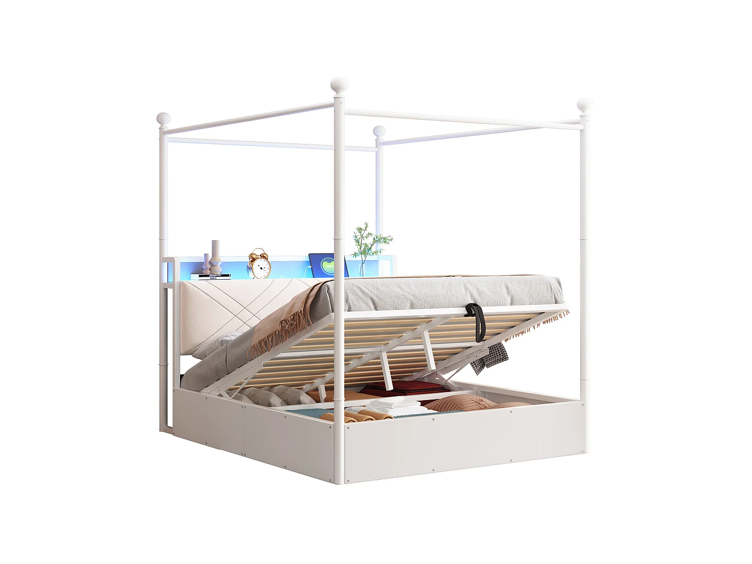 Cama de adulto com arrumação, 140x190 cm, com dossel amovível, porta USB/Tipo C e espaço de arrumação - Branco