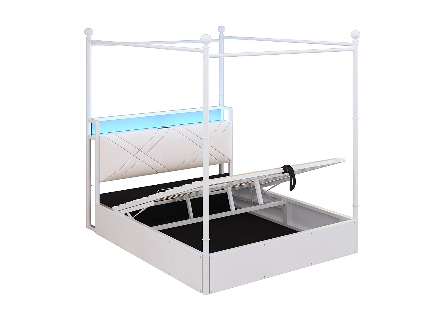 Cama de adulto com arrumação, 140x190 cm, com dossel amovível, porta USB/Tipo C e espaço de arrumação - Branco