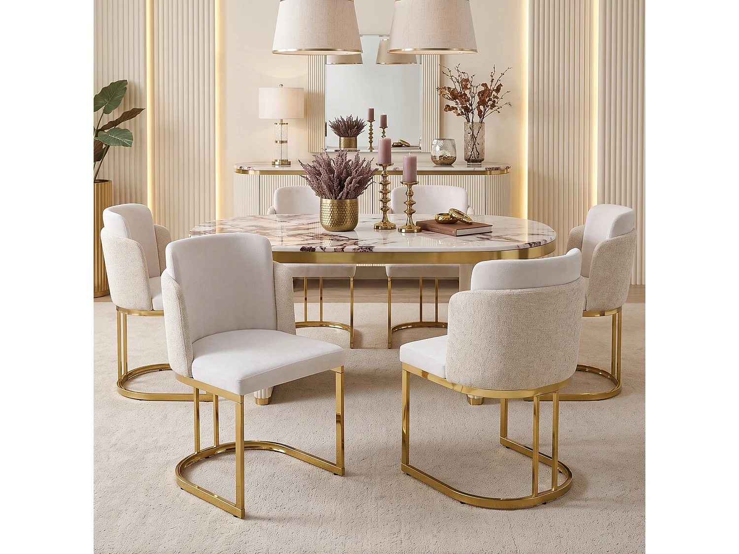 Lot de 6 chaises à manger en chenille avec pieds en acier - Beige et doré