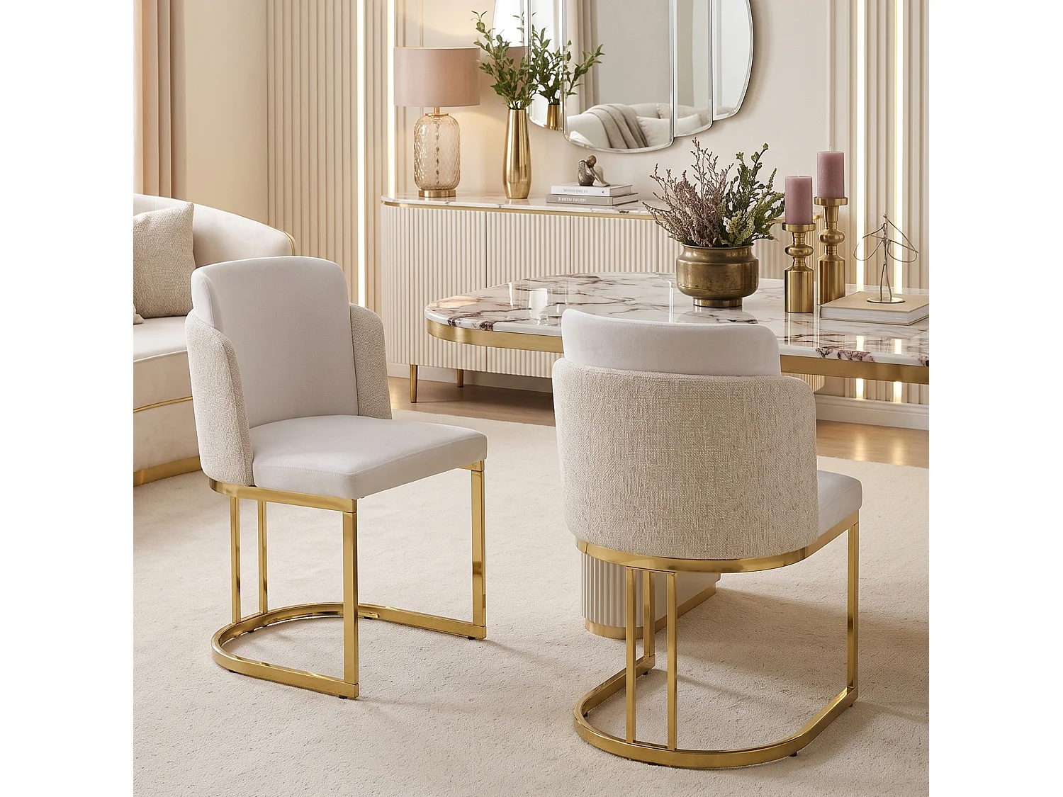 Lot de 6 chaises à manger en chenille avec pieds en acier - Beige et doré